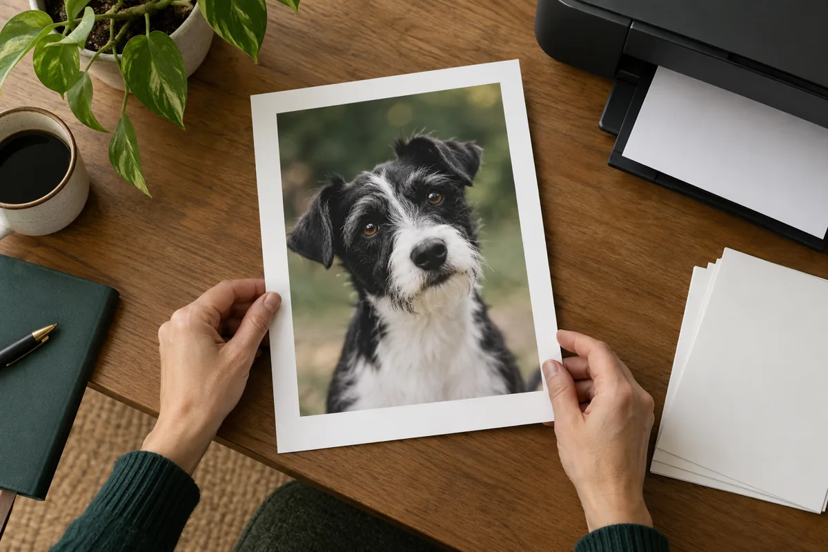 Hands holding a printed black-and-white terrier photograph on a desk beside a printer.