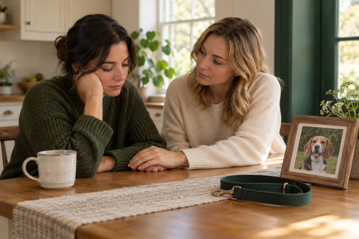 Two women holding hands at a kitchen table with a framed beagle photograph nearby.